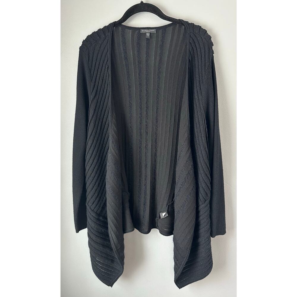 EILEEN FISHER Black FELT LADDER Sweater CARDIGAN 1X Wool Cotton Mohair